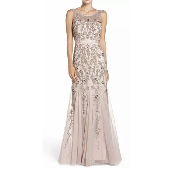 Adrianna Papell Beaded Illusion Mesh Gown Pink Blush Formal Dress Size 14 - Picture 1 of 15
